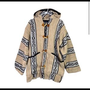 Vintage Baja Hoodie Jacket Woven Cotton Leather Patches Wooden Toggles Tan XL